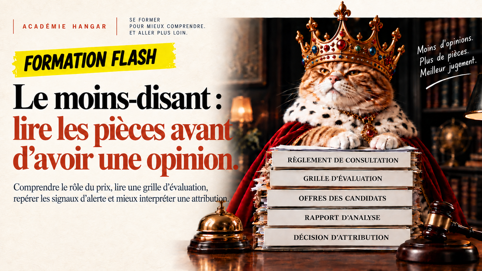 Formation flash HANGAR : le chat couronné devant les pièces d’un marché, avec une sonnette et un marteau.