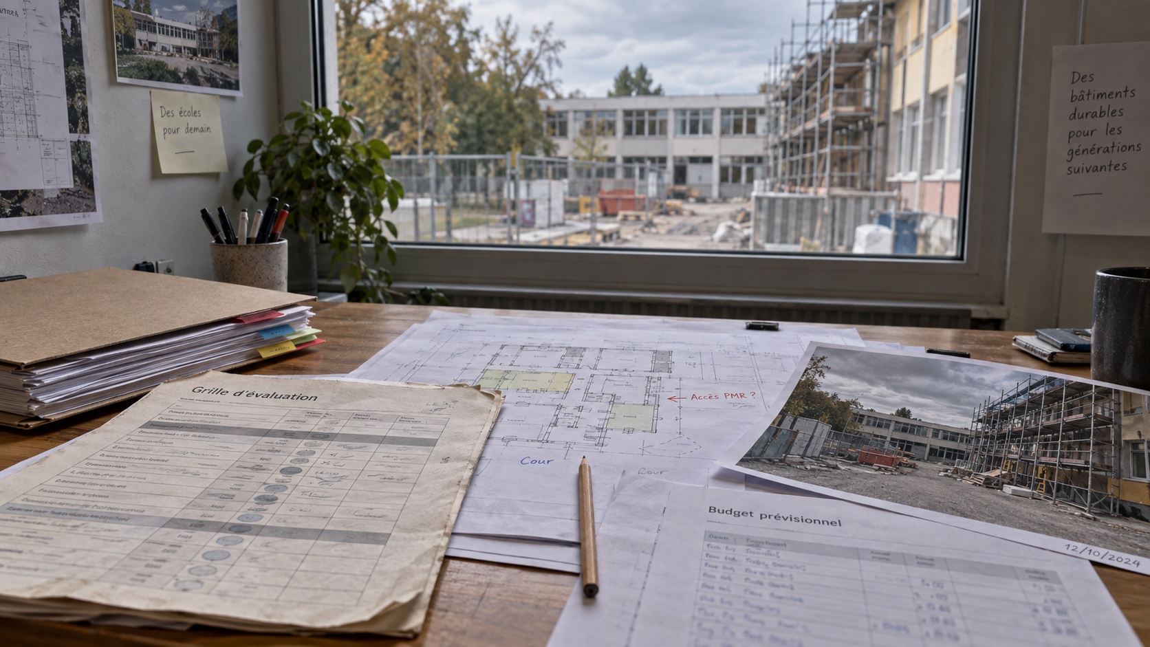 Illustration de démonstration : dossiers d’évaluation et plans de rénovation d’une école, avec le chantier en arrière-plan.