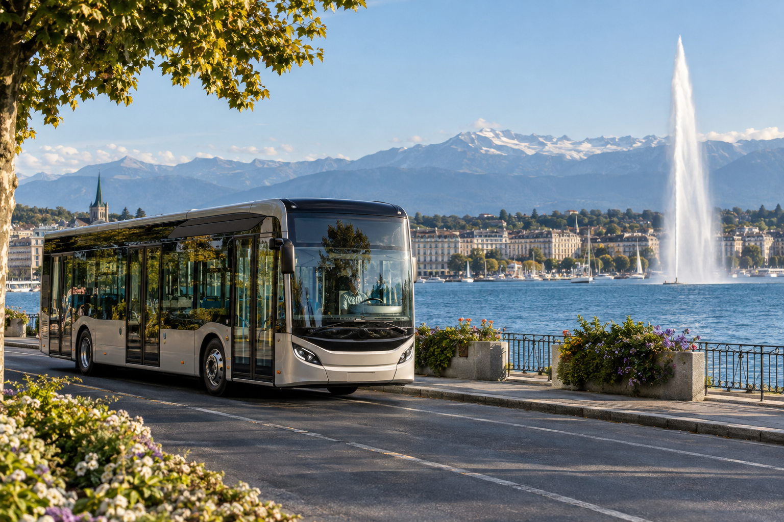 Illustration éditoriale : un bus devant le lac et les montagnes à Genève.