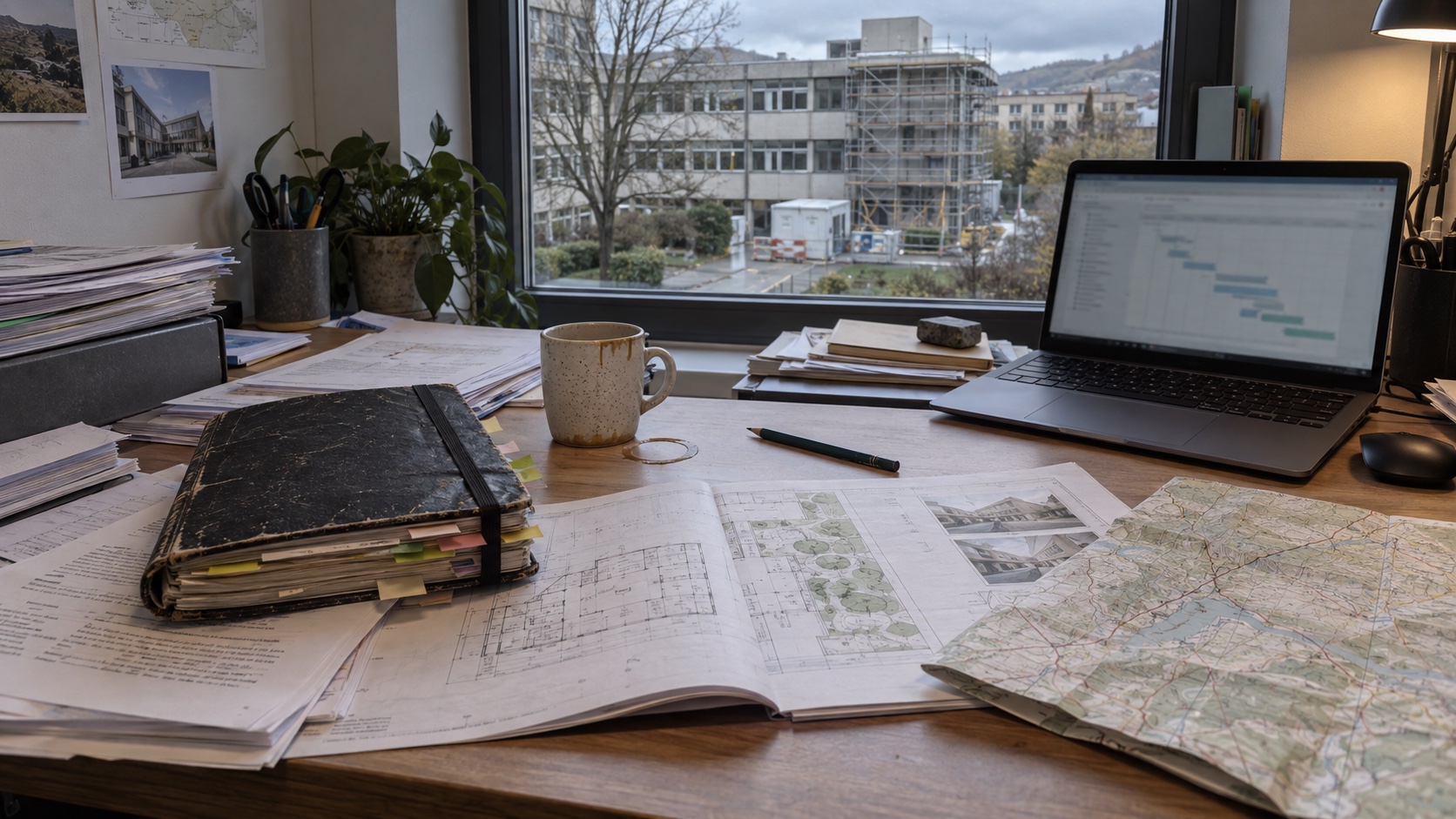 Illustration de démonstration : carnet de projet usé, plans de rénovation, dossiers et ordinateur dans un bureau de travail.